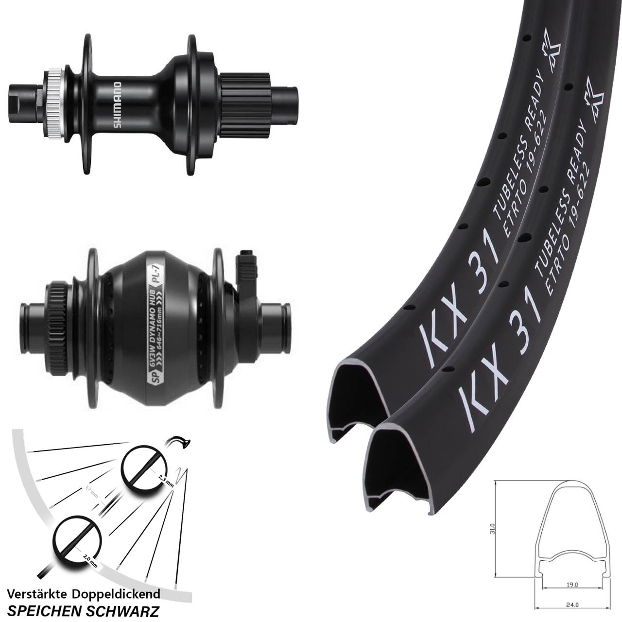 28 Zoll KX 31 Shimano FH-MT510 Shutter PL-7 Disc Laufradsatz 12x100/142 Micro Spline