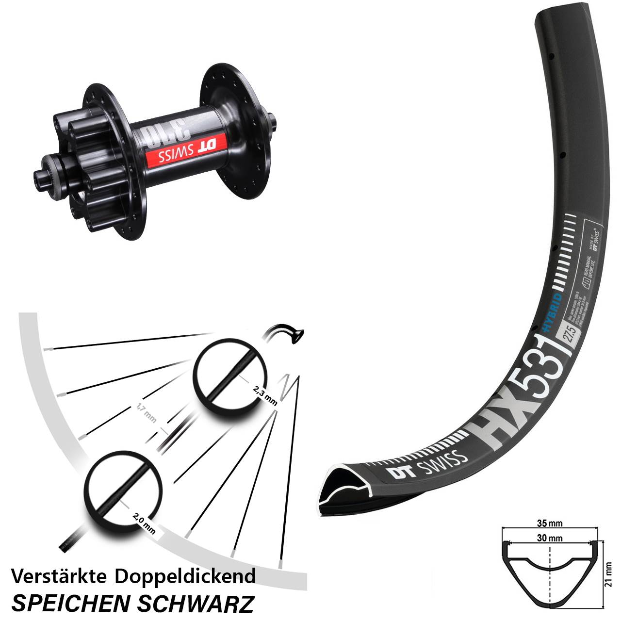 6-Loch Vorderrad für Schnellspanner 27,5 Zoll DT Swiss HX531 DT Swiss 370