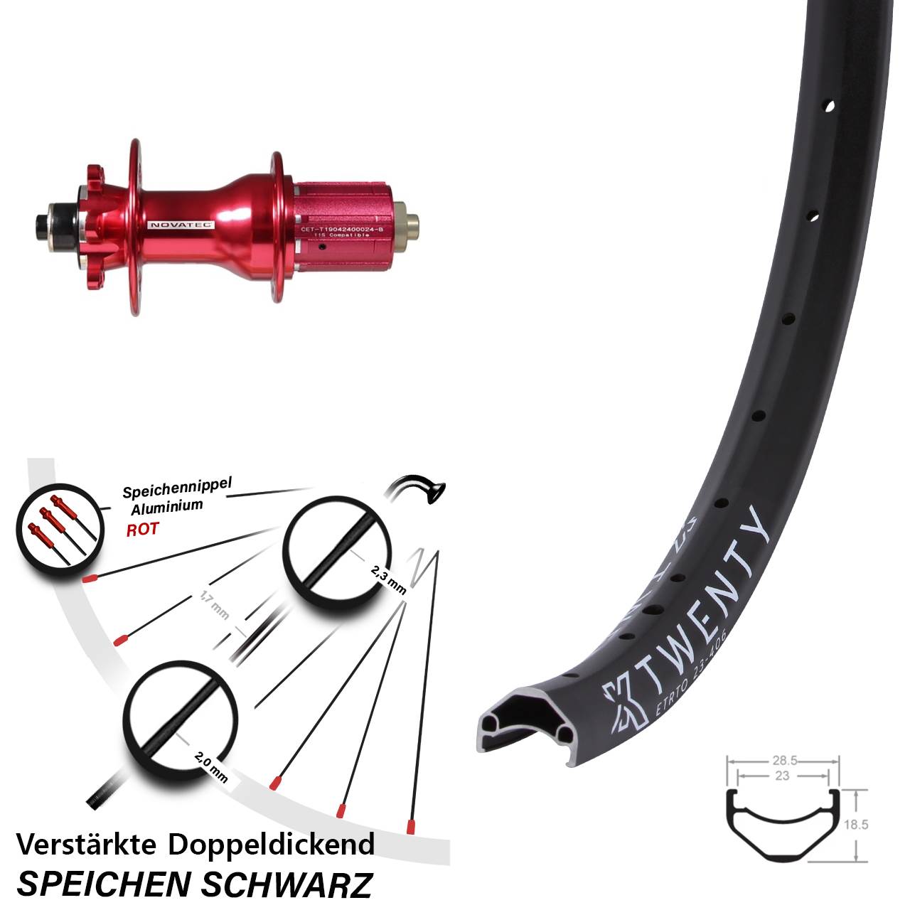 KX-M Twenty Hinterrad 20 Zoll Novatec 6-Loch rot für Schnellspanner 8-12 fach