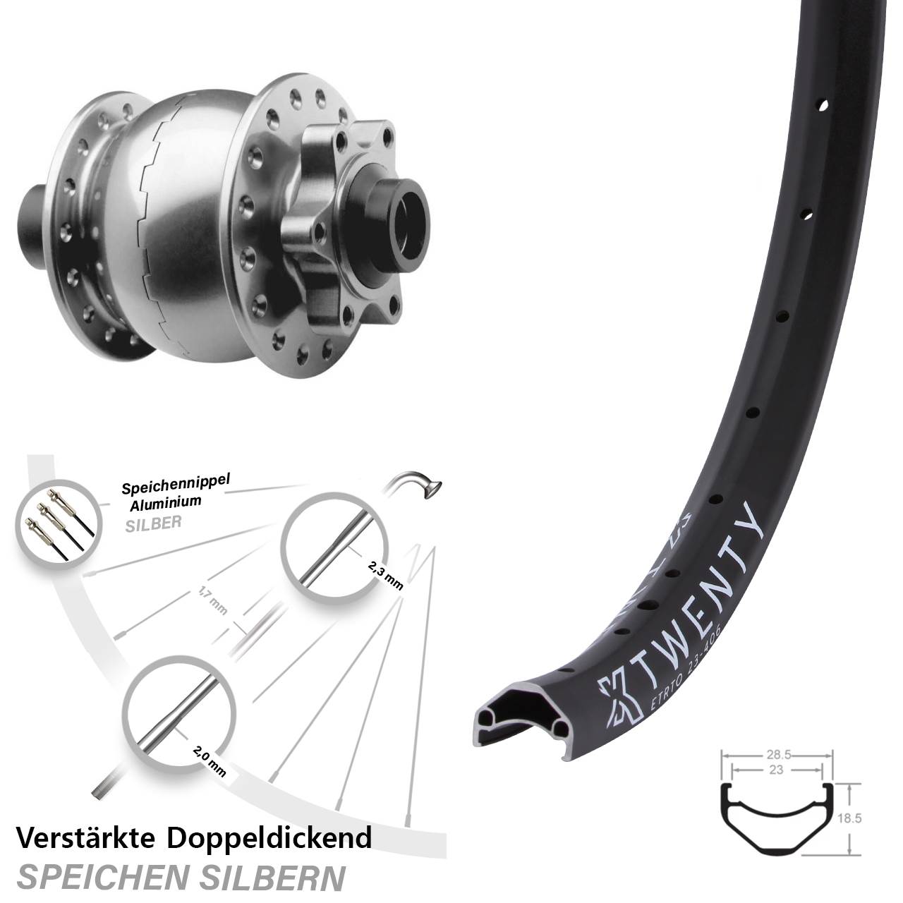 Vorderrad 20 Zoll KX Twenty SON 28 15x100 6-Loch silbern eloxiert