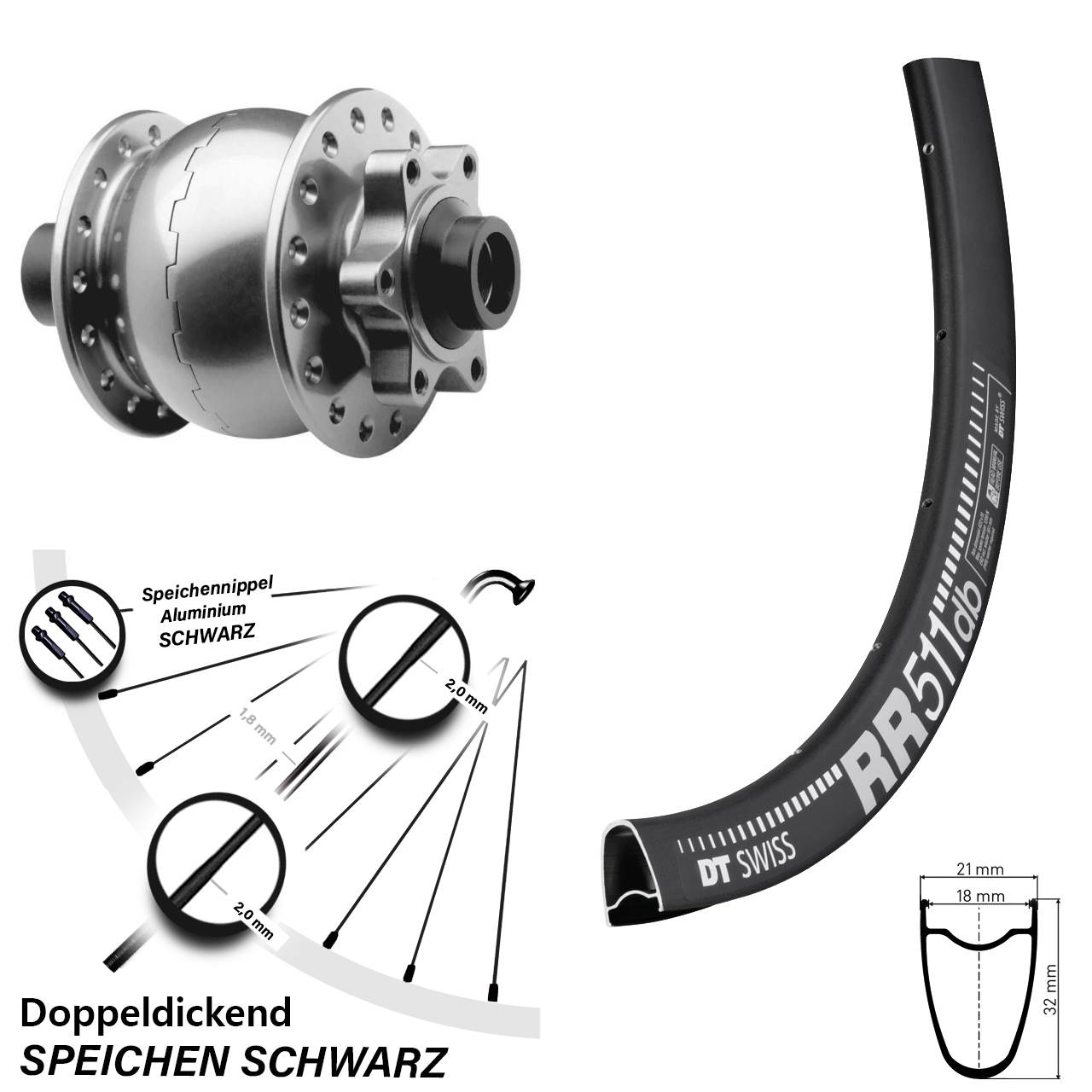 Disc Laufrad mit Nabendynamo 28 Zoll DT Swiss RR 511 SON 28 silbern 15x100