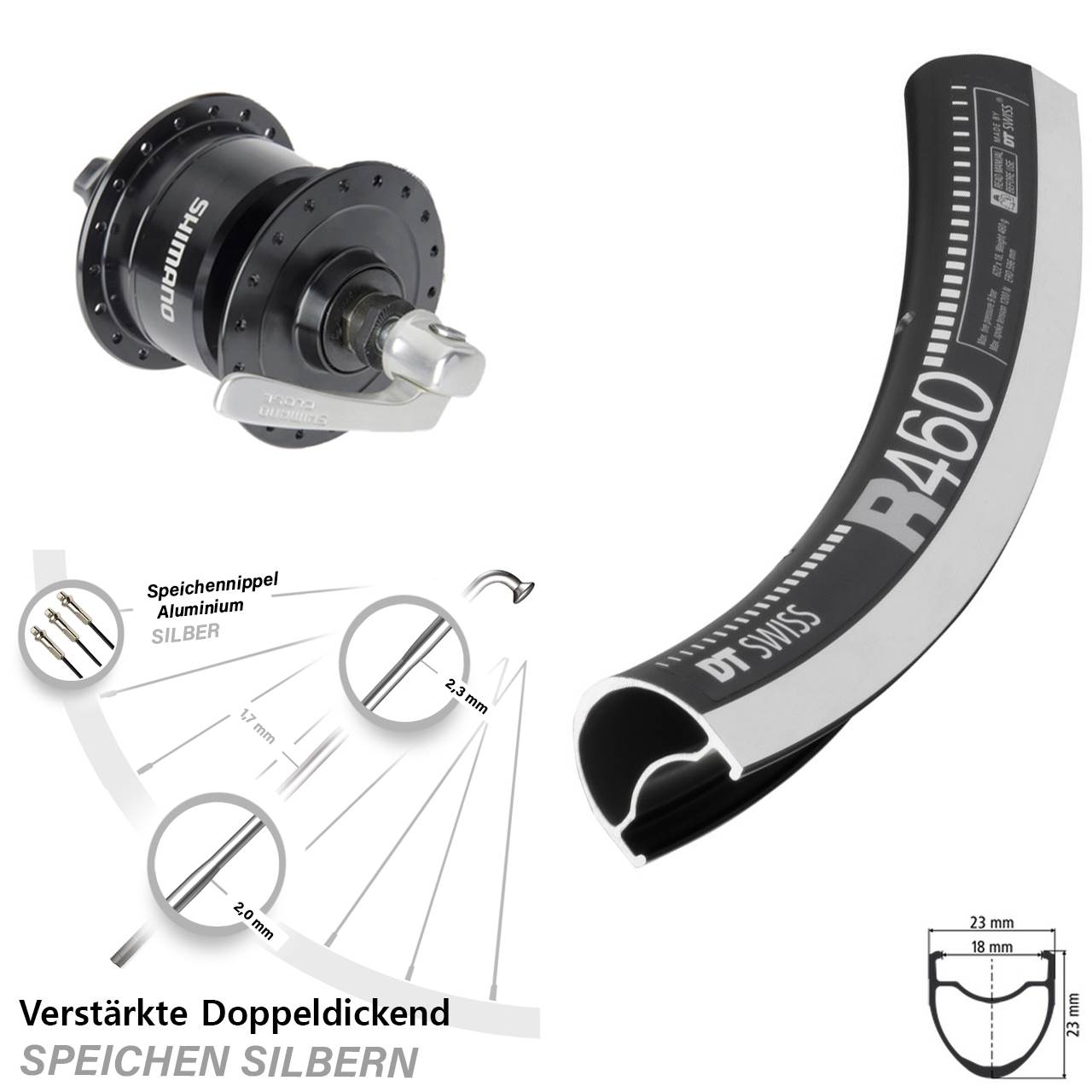 28 Zoll DT Swiss R 460 Shimano DH3N72 Dynamo-Vorderrad QR