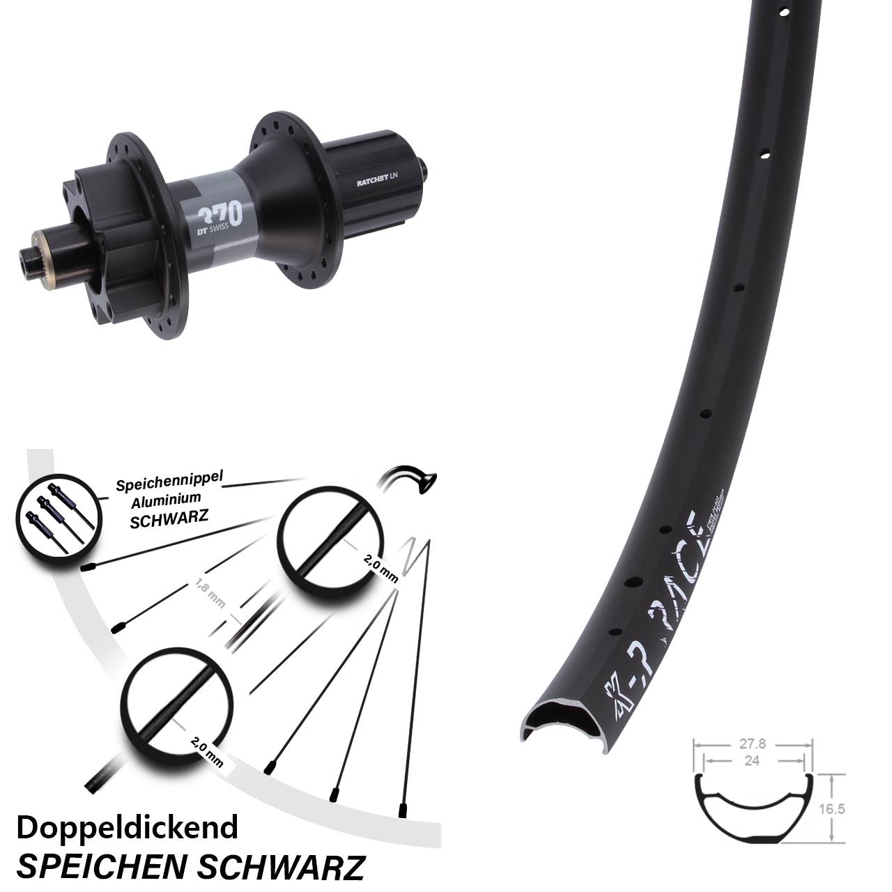 KX-R Race DT Swiss 370 6-Loch Hinterrad für Schnellspanner Boost 8-11 fach
