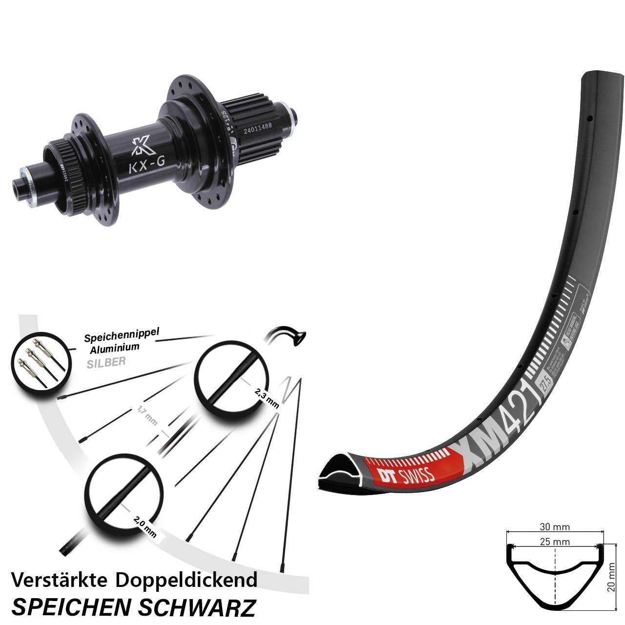 27,5 Zoll DT Swiss XM421 KX-G Disc Hinterrad für Schnellspanner Shimano Micro Spline