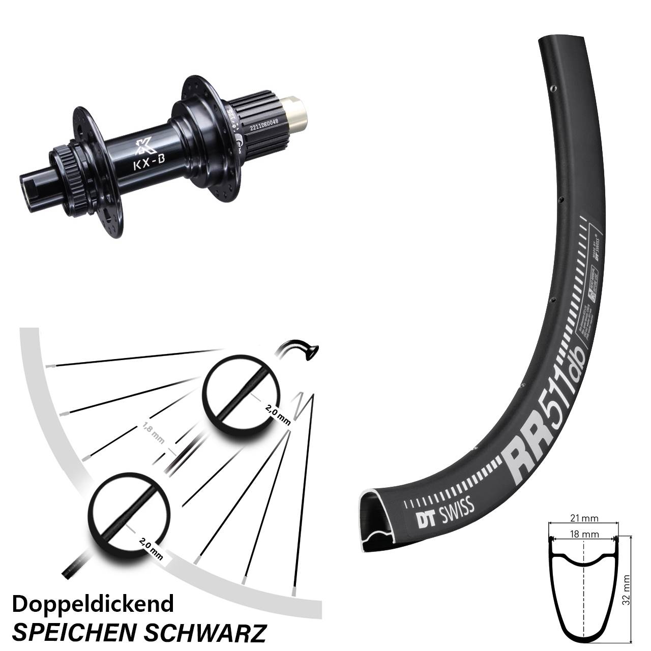 Laufrad 28 Zoll DT Swiss RR511 Disc KX-B Centerlock 12/148 Boost Micro Spline schwarz