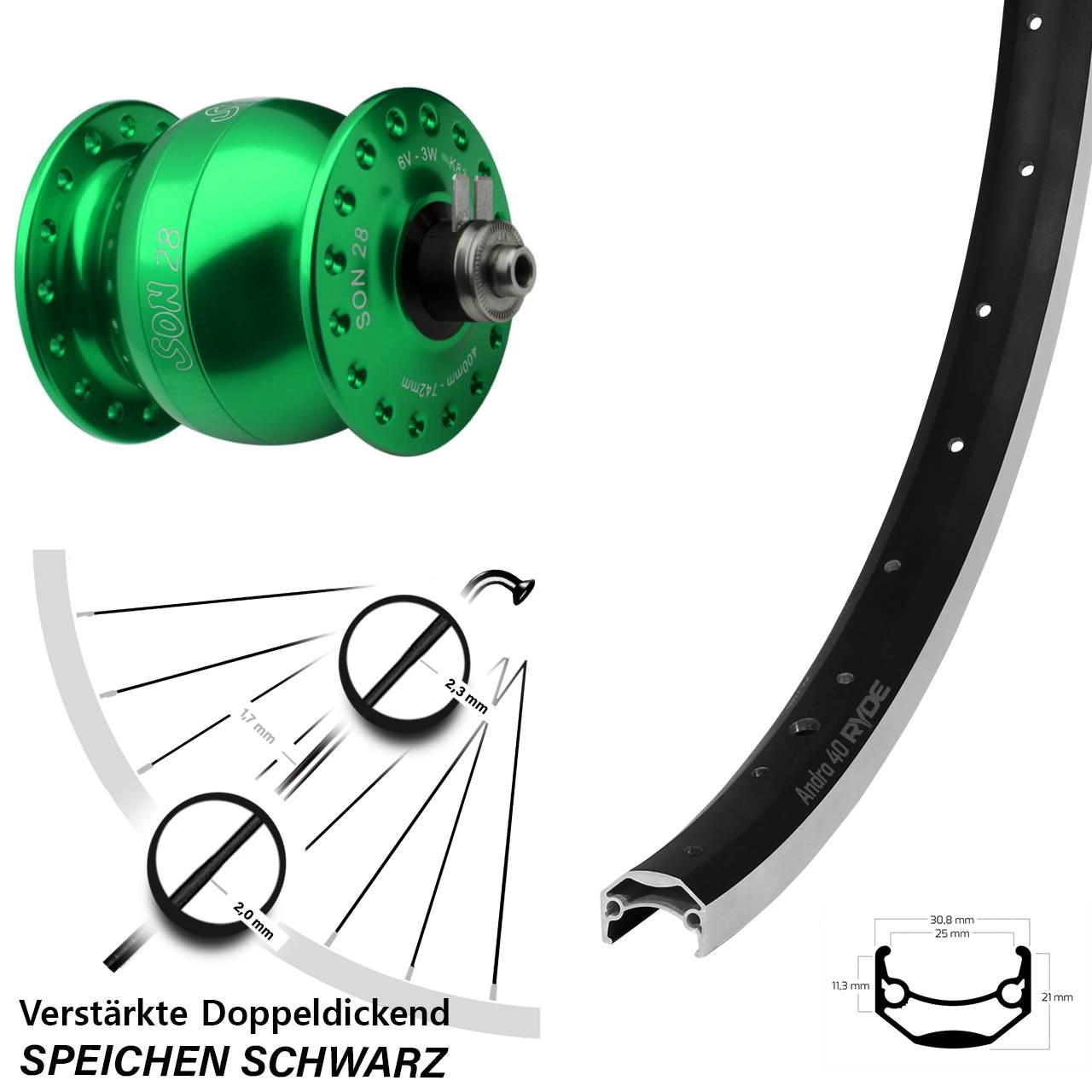 29 Zoll Ryde Andra 40 SON 28 grün Dynamo-Vorderrad für Schnellspanner