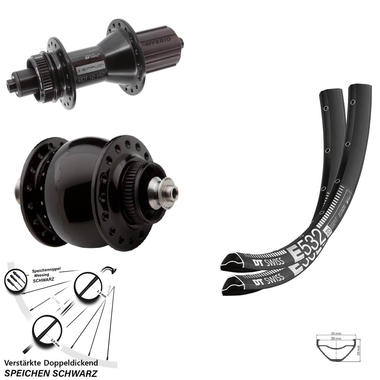 DT Swiss E 532-370 Hybrid SON delux 27,5 Zoll Disc Laufrad-Satz QR 8-11 fach