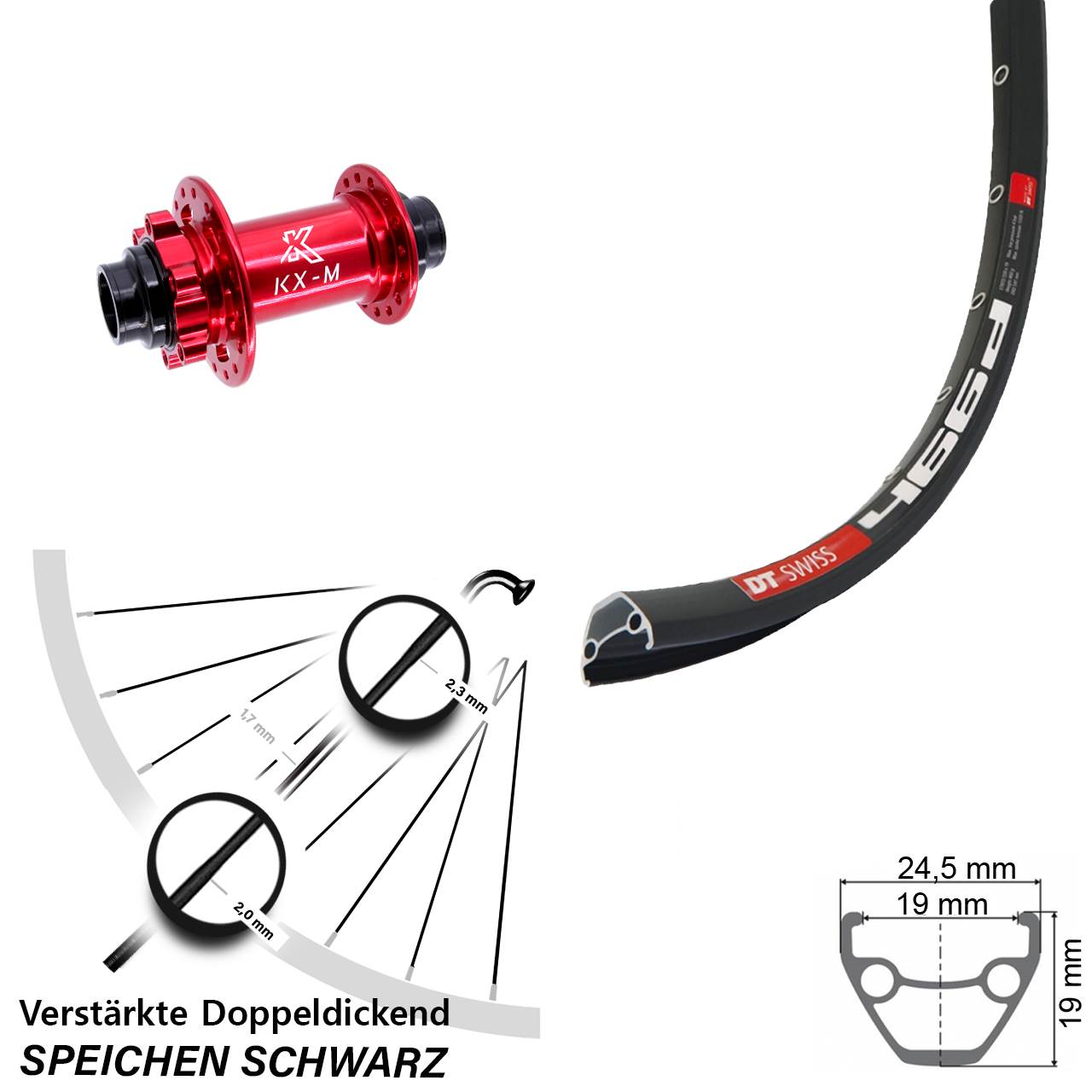 Vorderrad 6-Loch 28 Zoll DT Swiss 466 KX-M rot 20x110 non Boost