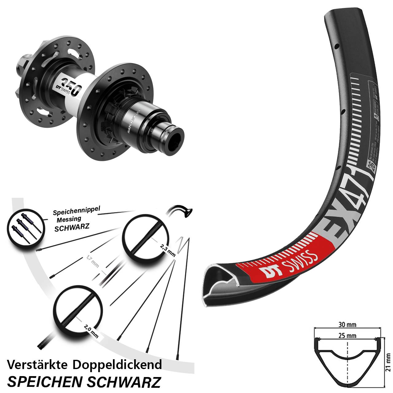 27,5 Zoll DT Swiss EX 471-350 DEG 72 6-Loch Hinterrad 12x148 SRAM XD