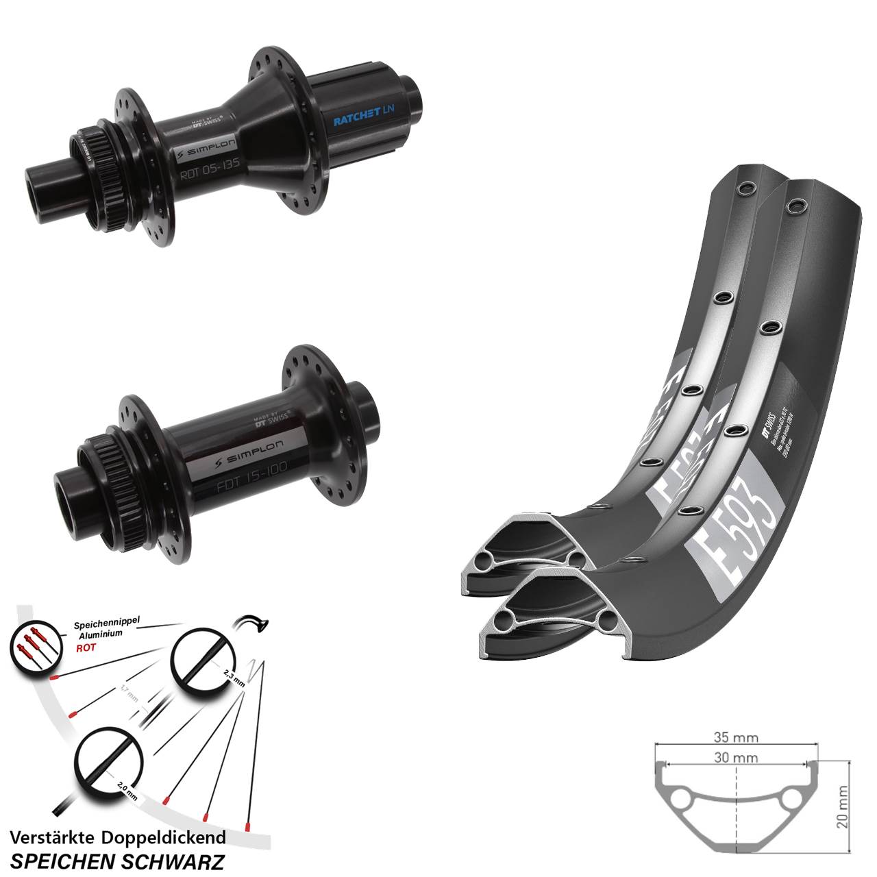 29 Zoll DT Swiss E593 370 Hybrid Laufradsatz Centerlock 15x100 12x142 8-11 fach HG