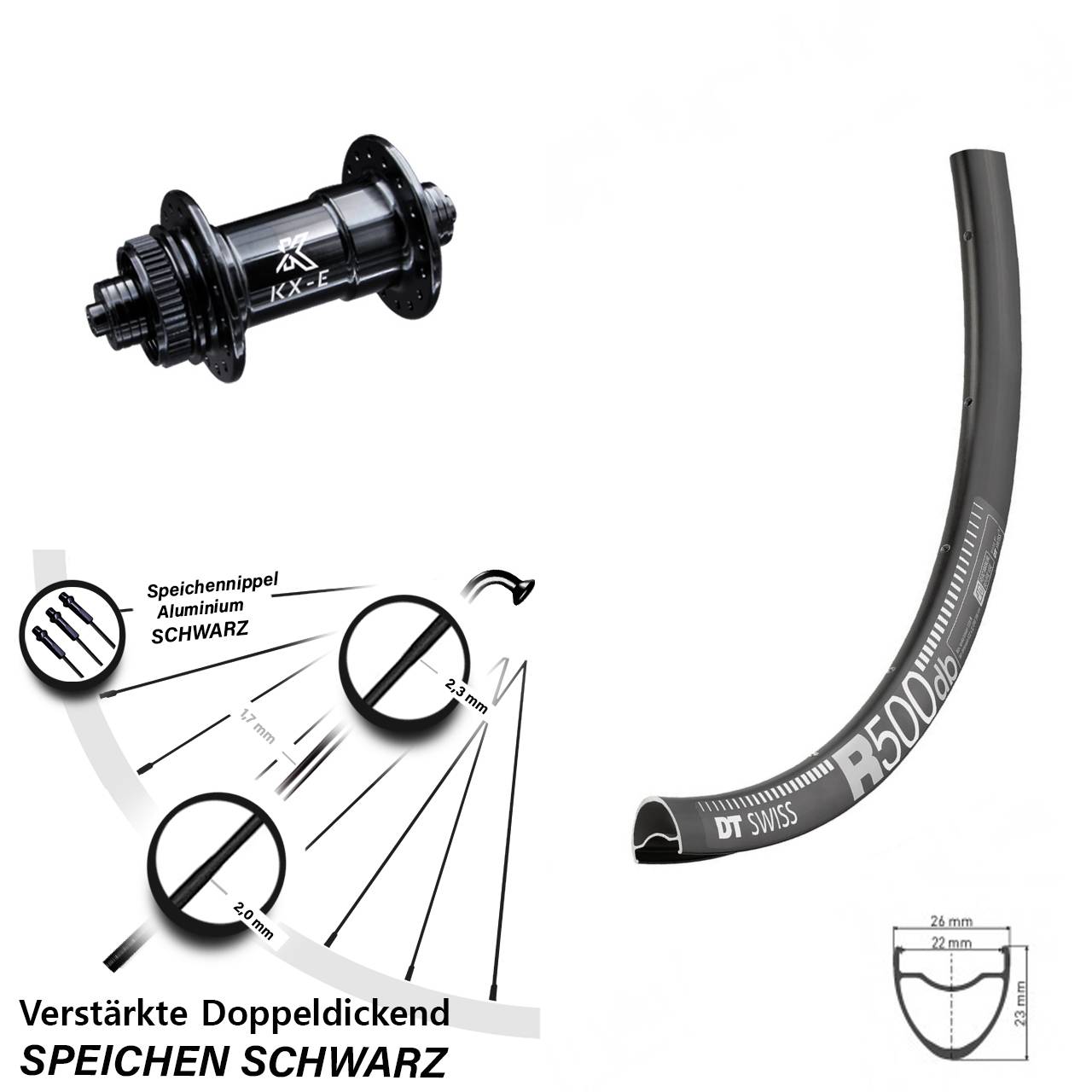 Road Disc DT Swiss R 500 Vorderrad 28 Zoll verstärkt mit KX-E Nabe 5x100 mm Centerlock