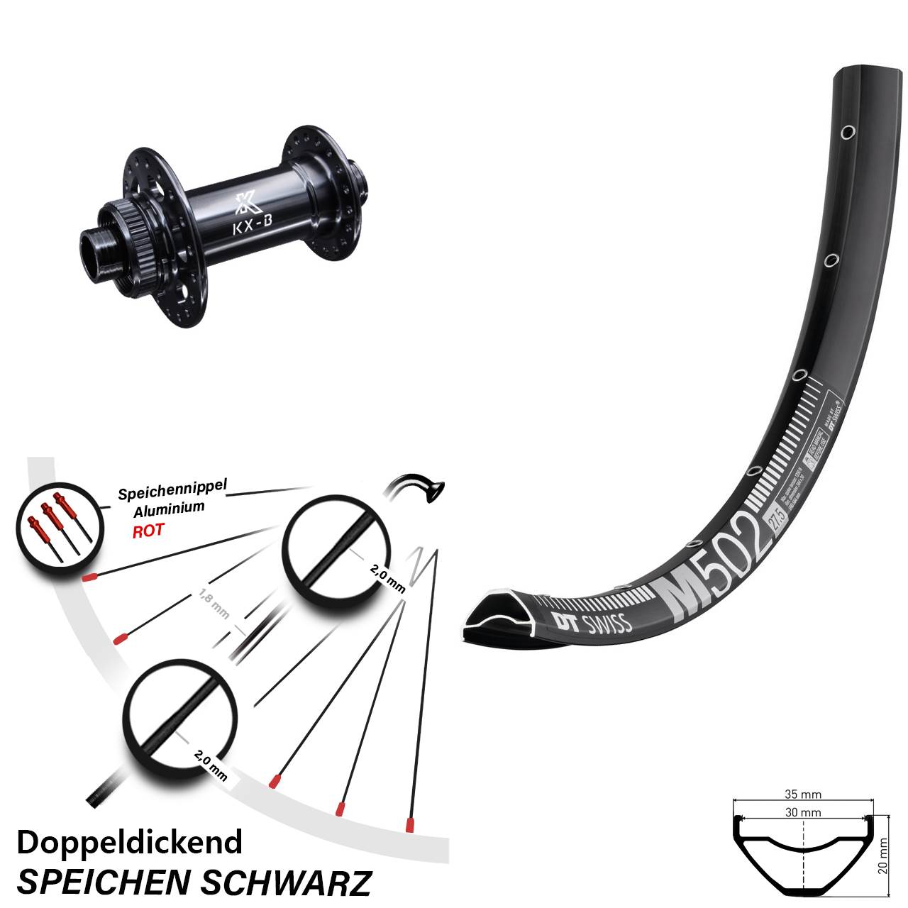 27,5 Zoll DT Swiss M 502 Vorderrad KX-B Centerlock Boost