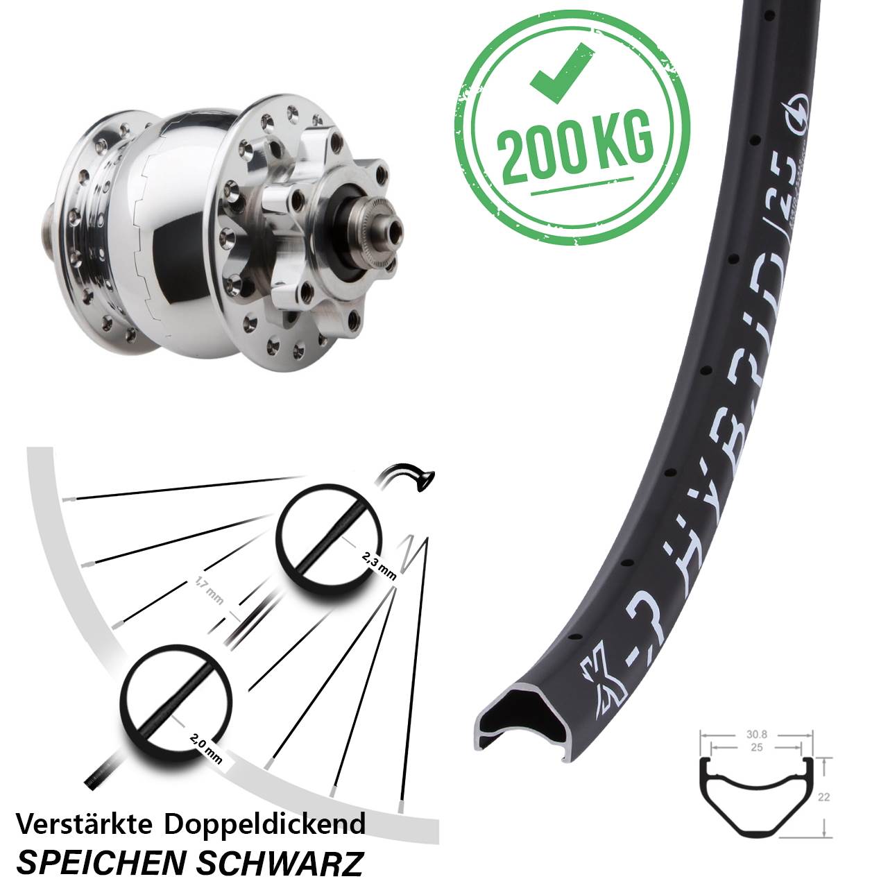 SON 28 KX-R Hybrid 25 28-29 Zoll Disc Vorderrad mit Nabendynamo QR