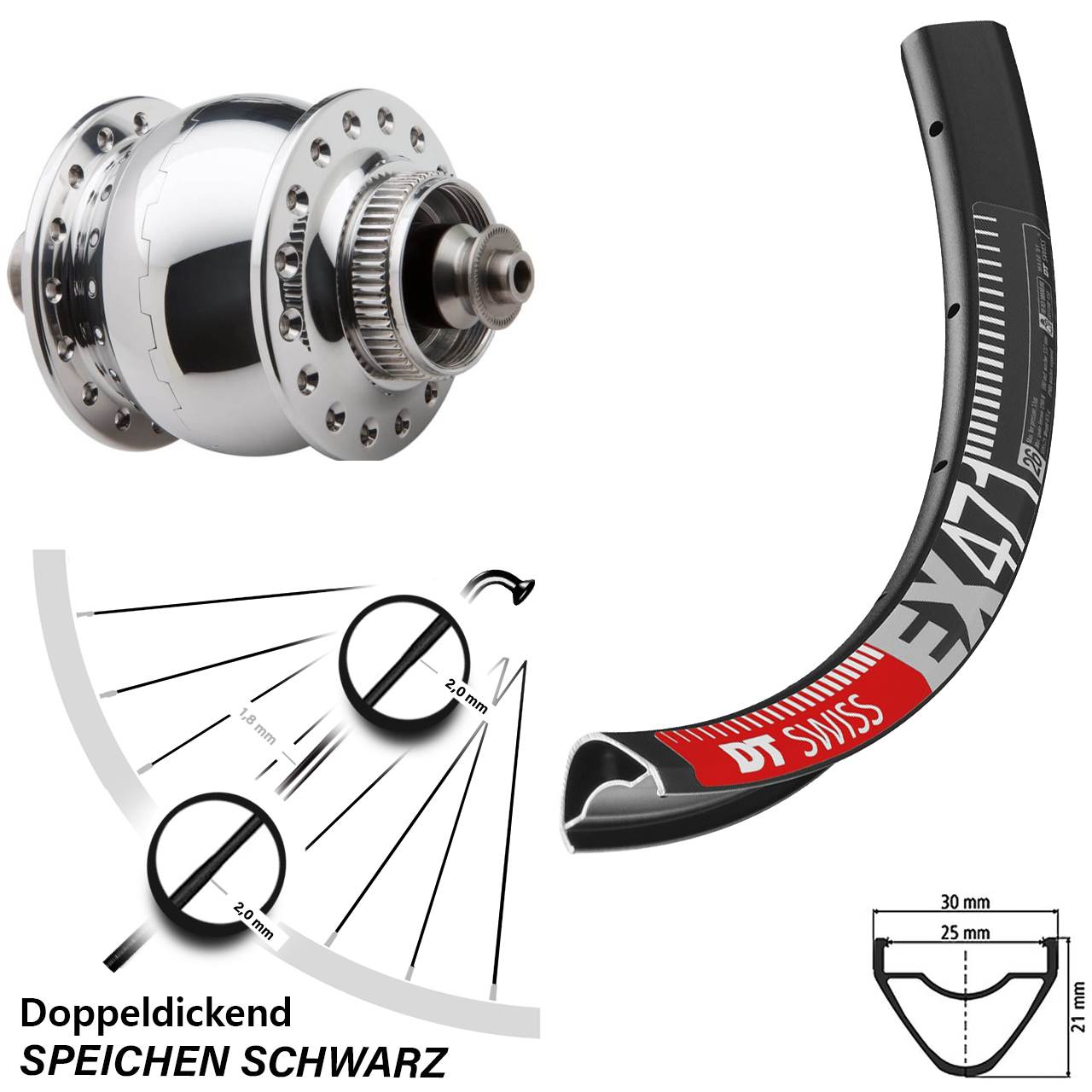 SON 28 poliert DT Swiss EX471 26 Zoll Disc Laufrad mit Nabendynamo QR