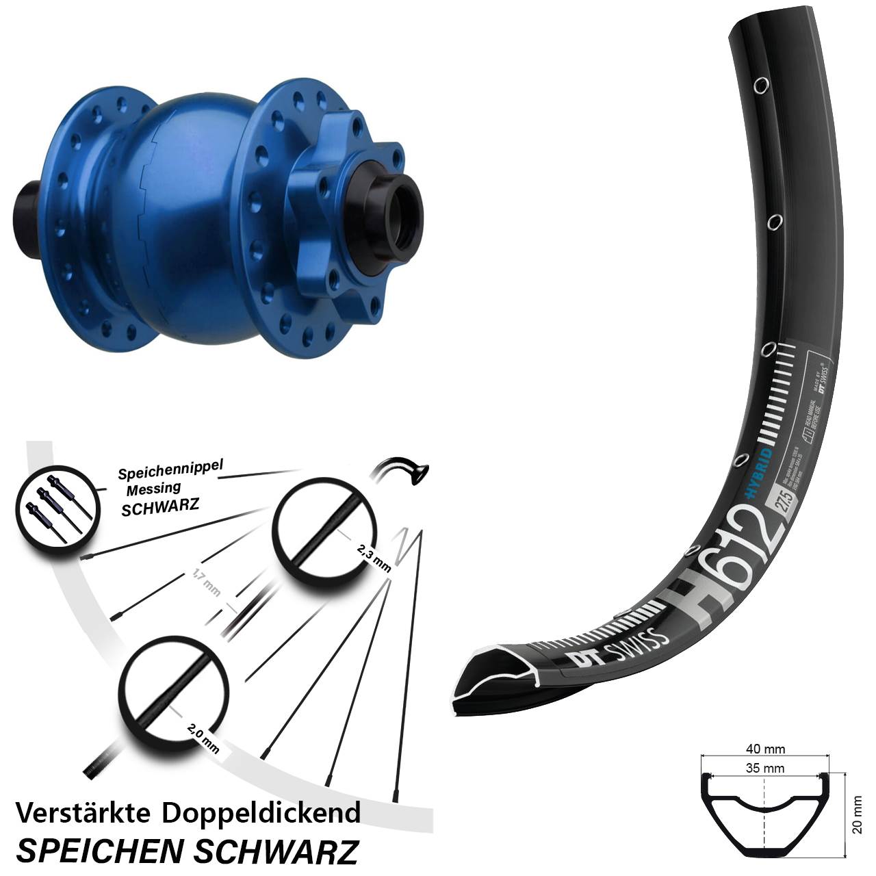 6-Loch Dynamo-Vorderrad 27,5 Zoll DT Swiss H 612 SON 28 blau 15x110 Boost