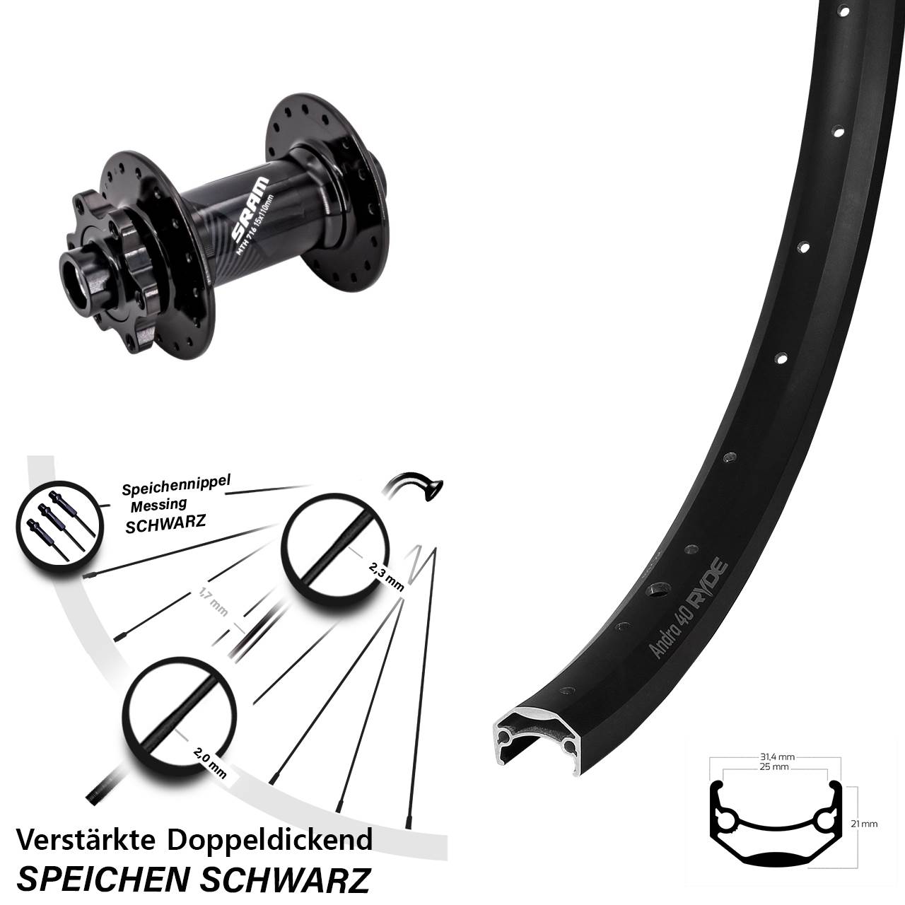 Ryde Andra 40 Sram 716 26 Zoll Vorderrad 6-Loch 15x110 Boost