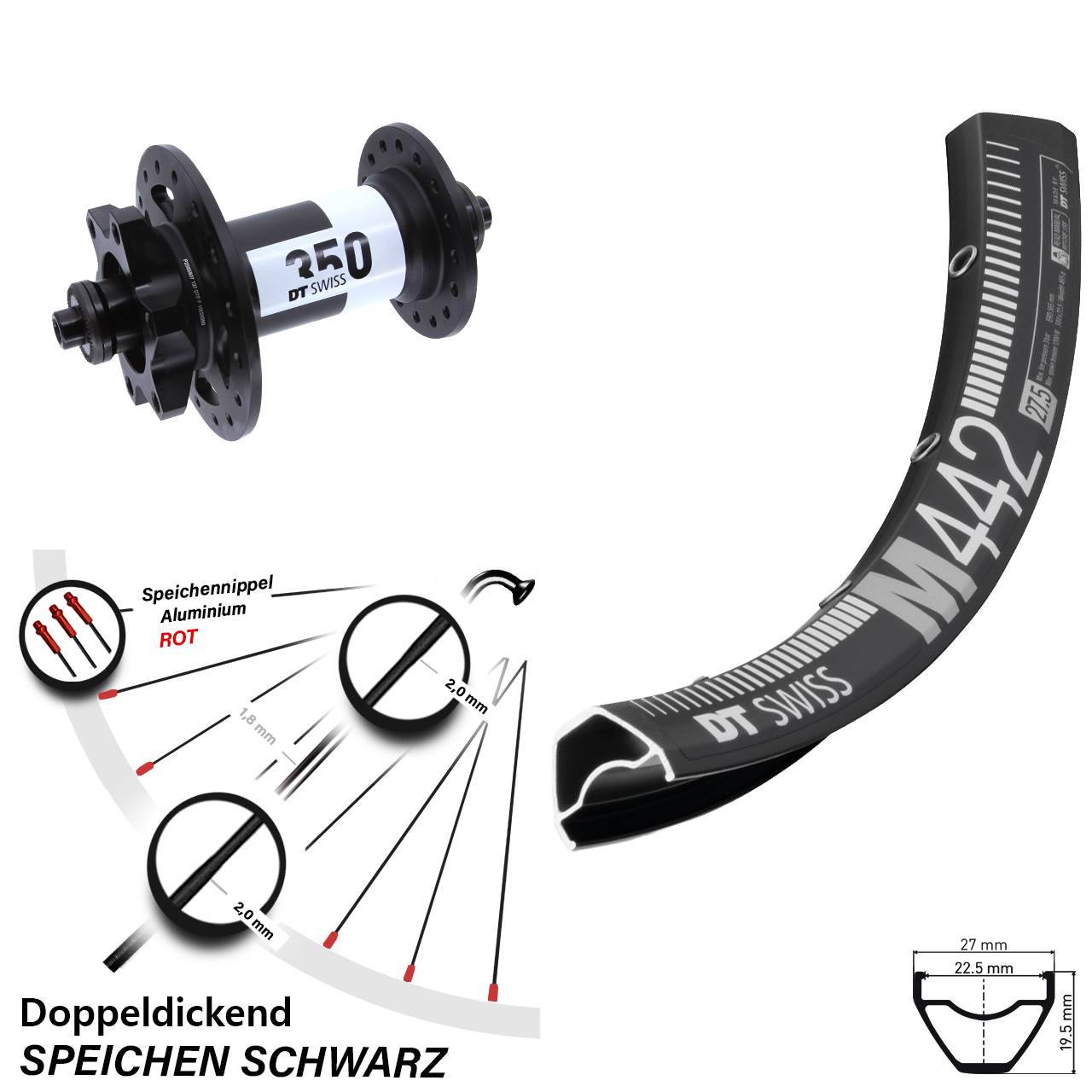 28 Zoll DT Swiss M 442-350 6-Loch Vorderrad für Schnellspanner