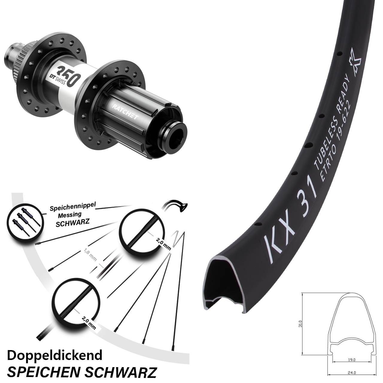 Centerlock Hinterrad 28 Zoll KX 31 DT Swiss 350 11-12 fach HG 12x142