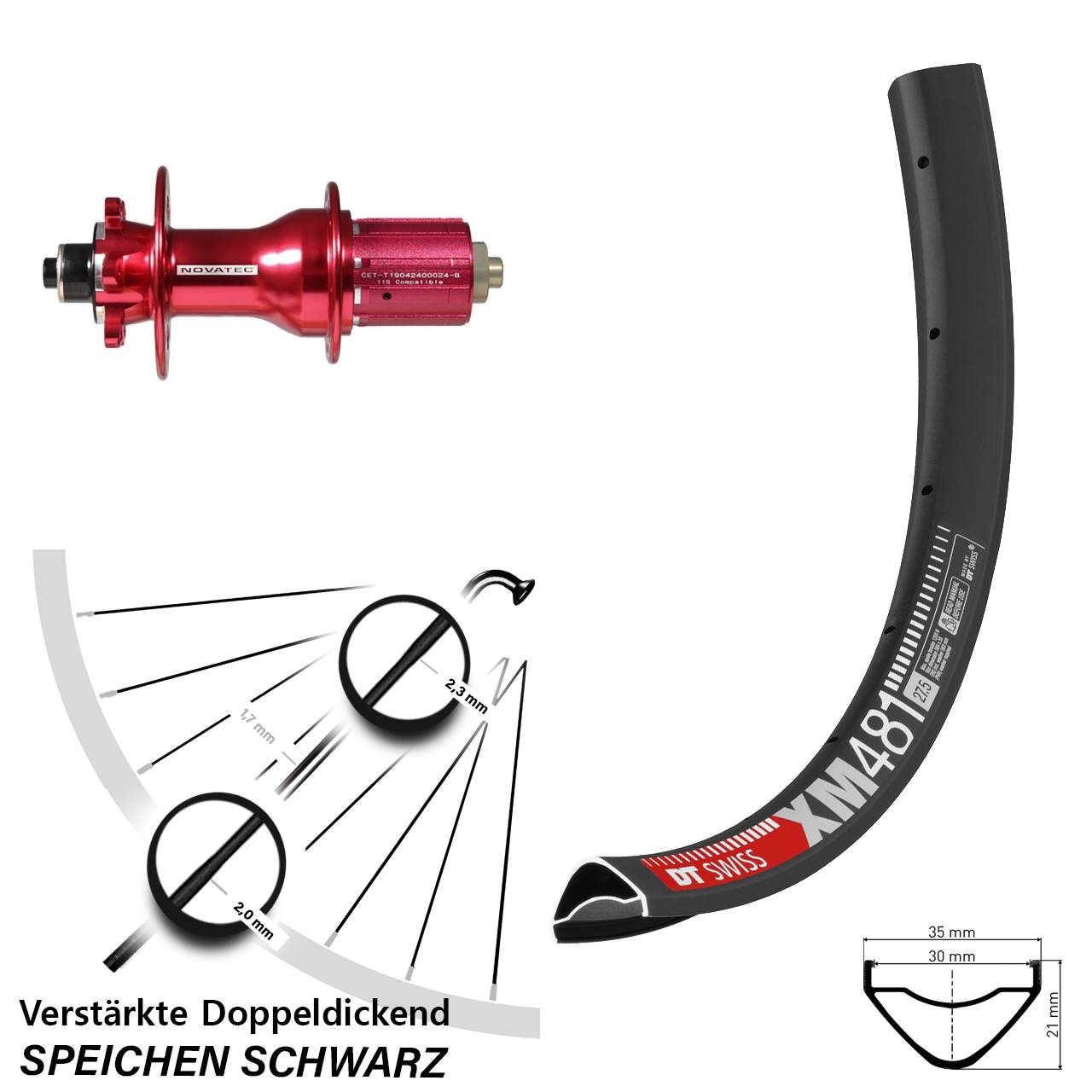 27,5 Zoll DT Swiss XM 481 Novatec D792SB 6-Loch Hinterrad für Schnellspanner 8-12 fach