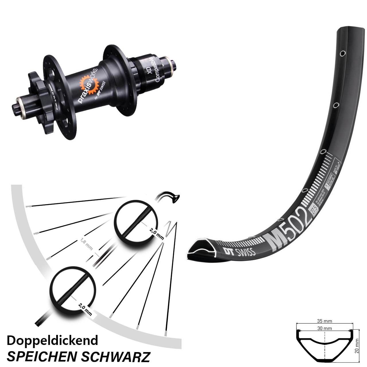 DT Swiss M 502 350 27,5 Zoll 6-Loch Hinterrad QR XD 11-12 fach