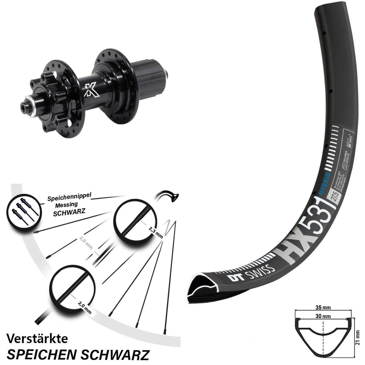 6-Loch Hinterrad für Schnellspanner 29 Zoll DT Swiss HX 531 KX-M Heavy Duty 8-12 fach HG