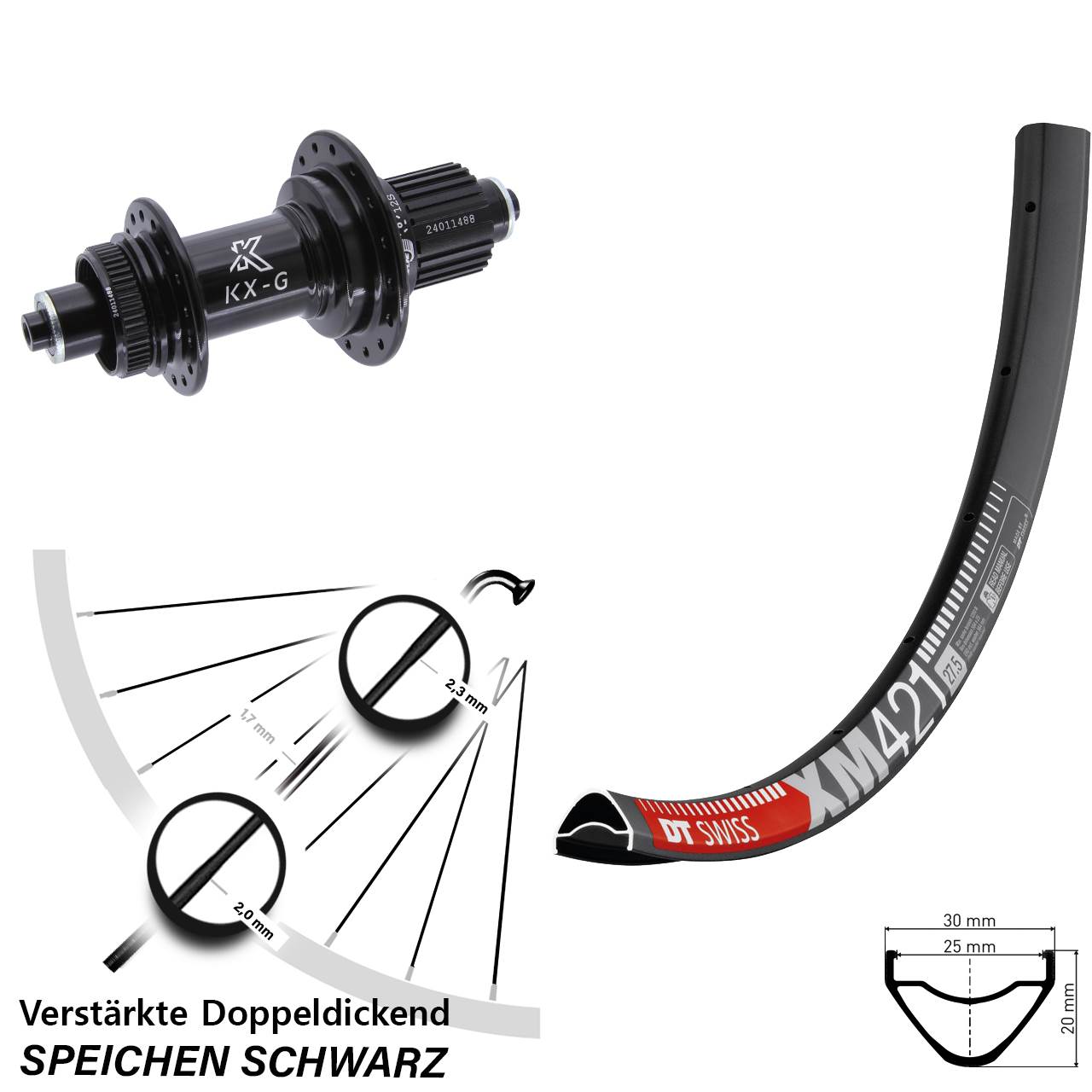 29 Zoll DT Swiss XM421 KX-G Centerlock Hinterrad für Schnellspanner Micro Spline