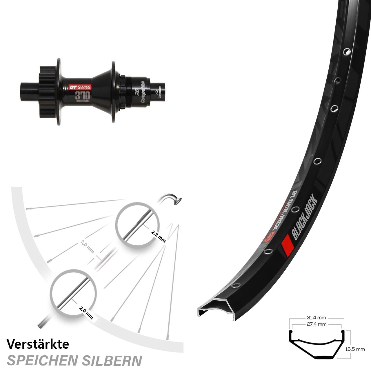 Laufrad 27,5 Zoll Rodi Ready 27 Disc DT Swiss 370 3P 12x142 6-Loch XD