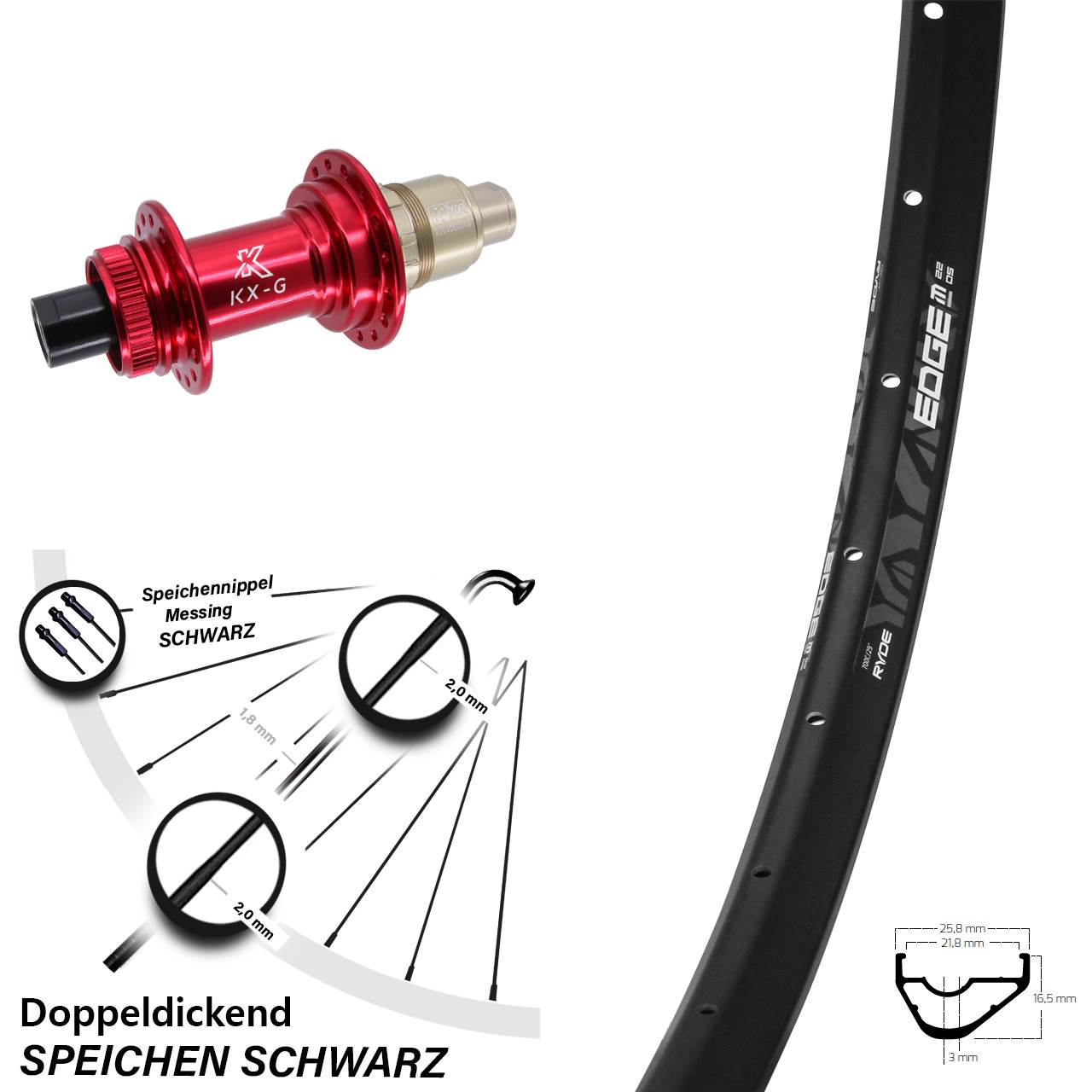 29 Zoll Ryde Edge M22 OS KX-G rot Disc Hinterrad 12x142