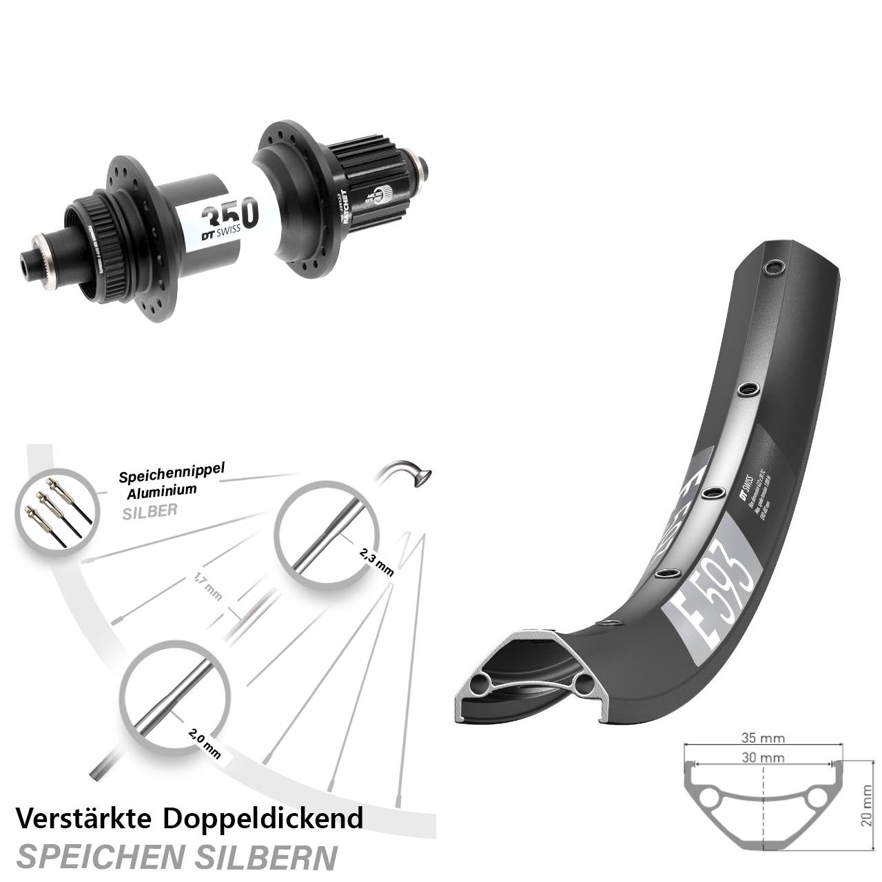 29 Zoll DT Swiss E593-350 Ratchet 36 Centerlock Hinterrad QR Boost Micro Spline