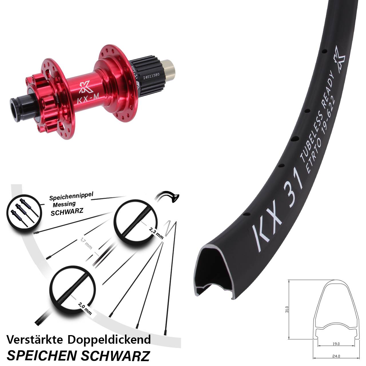 KX-M 31 rot 28 Zoll 6-Loch Hinterrad 12x142 Shimano Micro Spline