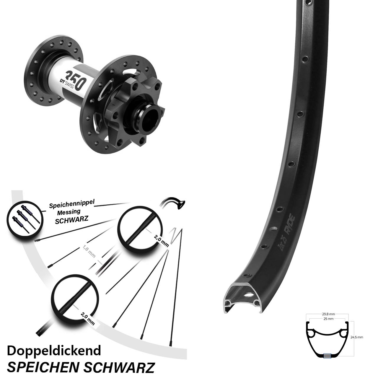 6-Loch Vorderrad 28 Zoll Ryde ZAC 25 DT Swiss 350 15x110 Boost