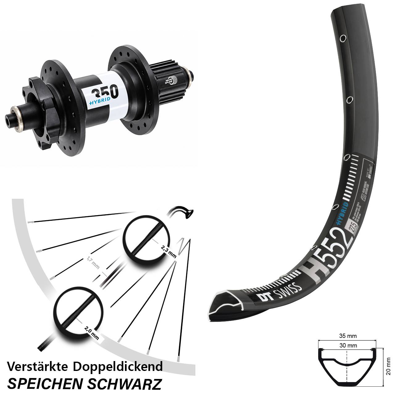 29 Zoll DT Swiss H552-350 Hybrid Disc Laufrad QR Boost Shimano Micro Spline