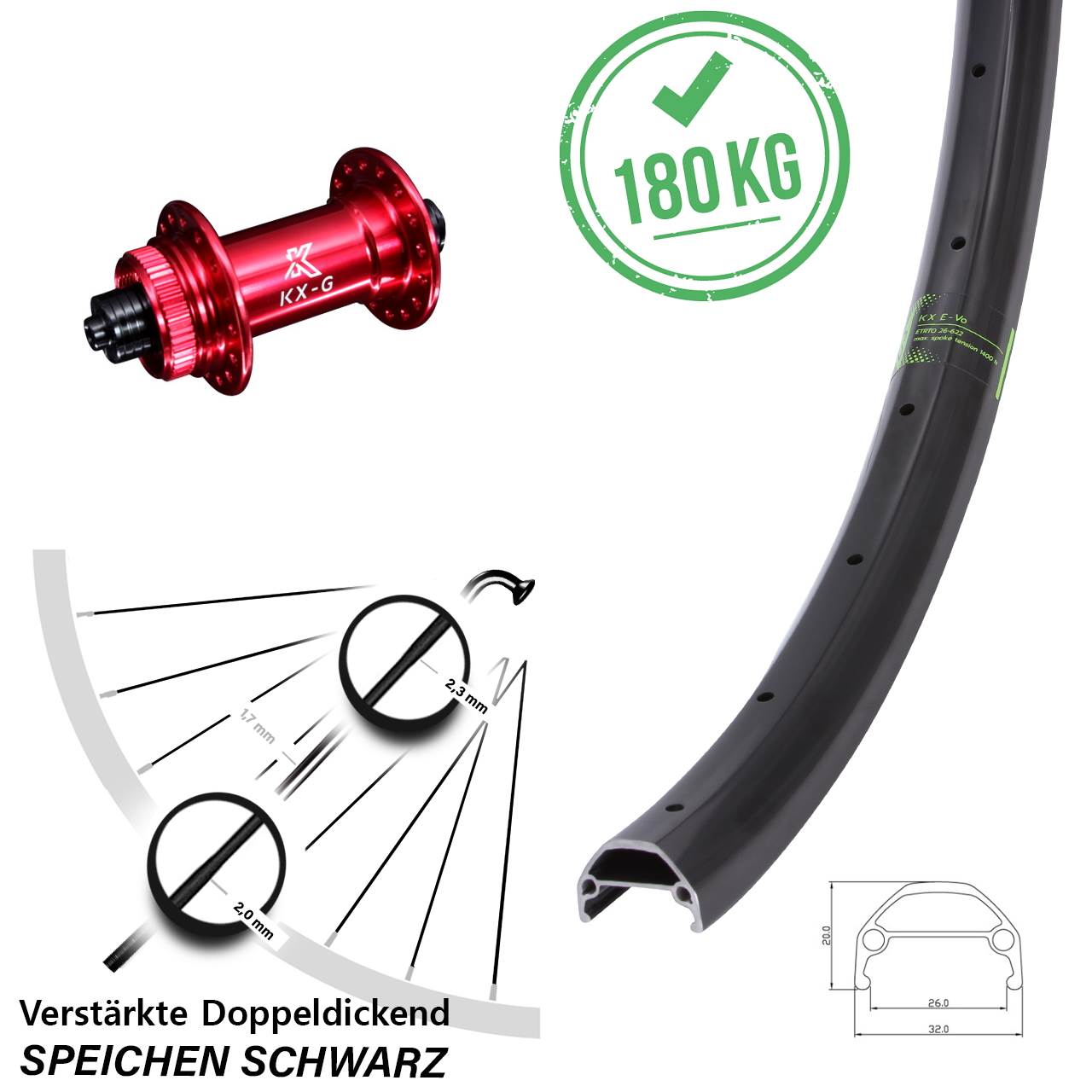 Centerlock Vorderrad für Schnellspanner 26 Zoll KX-G Evo rot