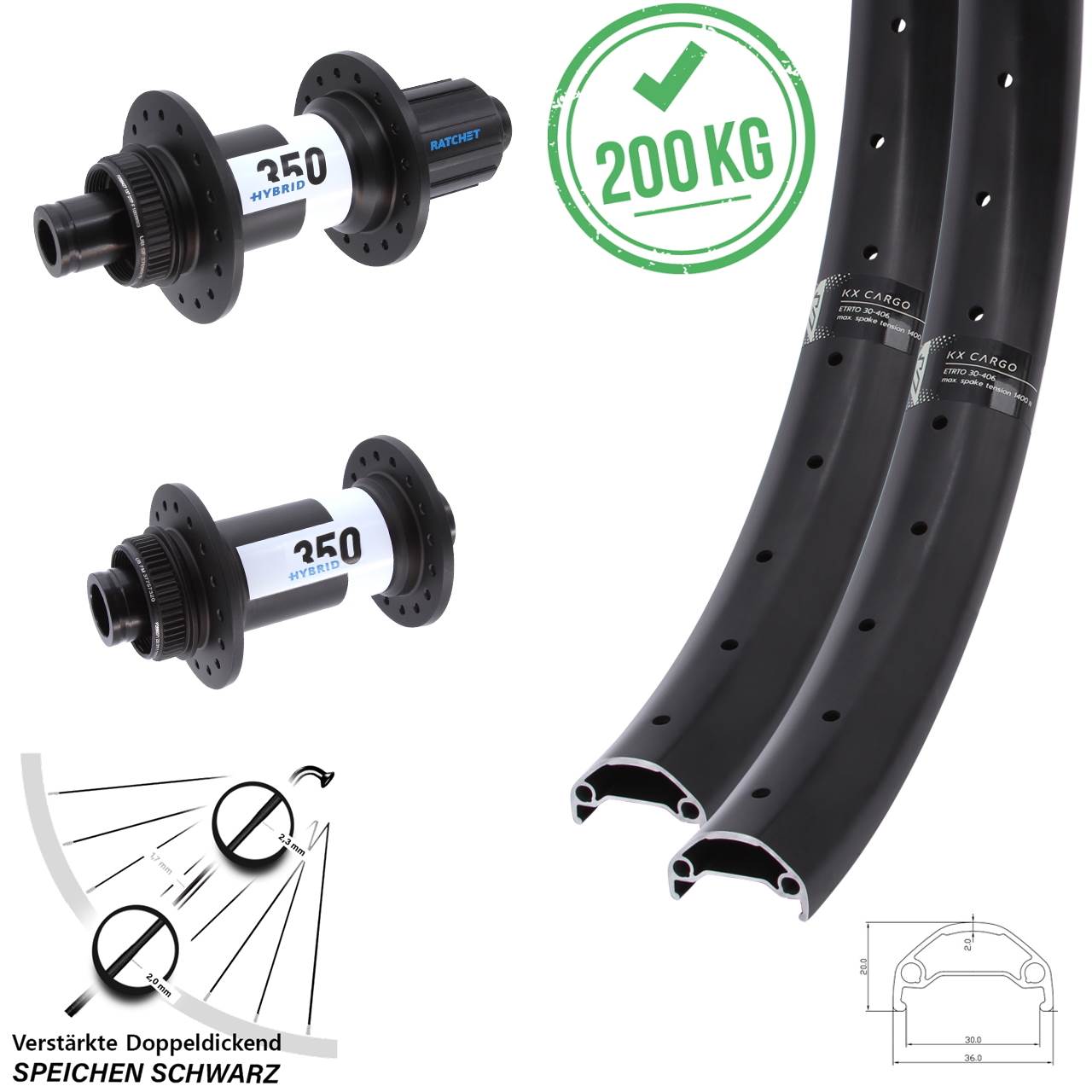 27,5 Zoll KX Cargo DT Swiss 350 Hybrid Disc Laufrad-Satz 15x110 12x148 8-11 fach HG