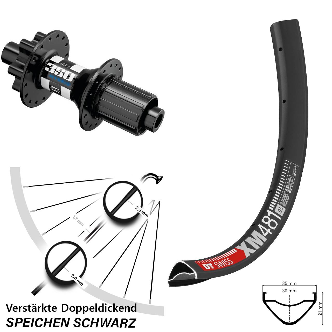 6-Loch Hinterrad 27,5 Zoll DT Swiss XM481-350 Hybrid 8-11 fach 12x148