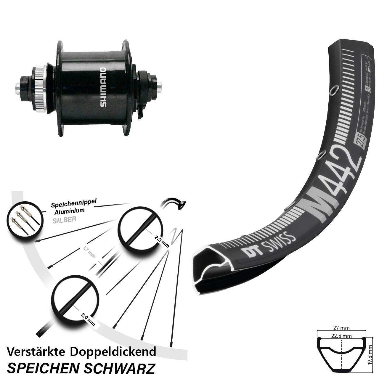Nabendynamo-Vorderrad Centerlock 29 Zoll DT Swiss M442 Shimano DH-UR700 QR
