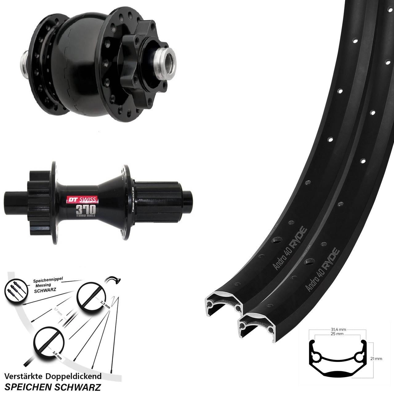 Ryde Andra 40 DT Swiss 370 Hybrid SON 28 27,5 Zoll Disc Laufrad-Satz 12x100/142 8-11 fach