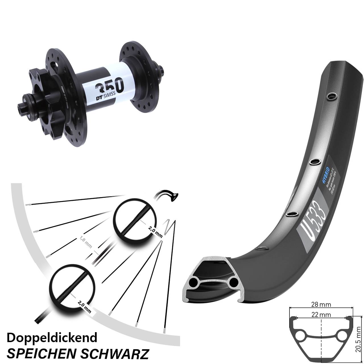 Vorderrad DT Swiss U 533-350 26 Zoll 6-Loch QR