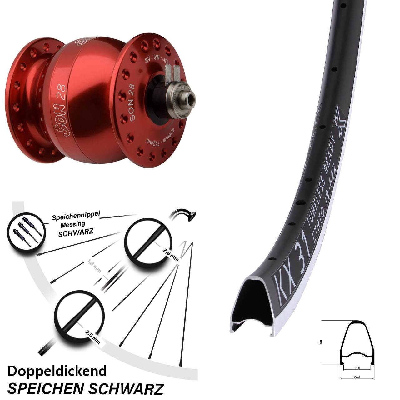 Vorderrad mit Nabendynamo für Schnellspanner KX 31 SON 28 Zoll rot