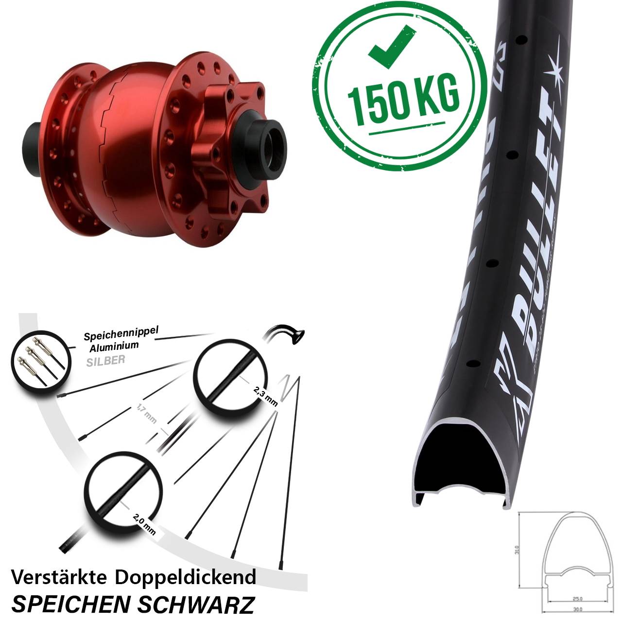 Nabendynamovorderrad 6-Loch 28-29 Zoll KX Bullet SON 28 rot 15x100