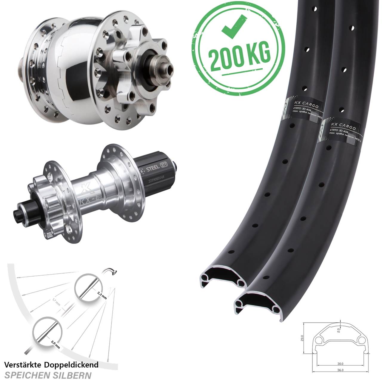 Disc Laufradsatz 20 Zoll KX-E Cargo Heavy Duty SON 28 8-12 fach für Schnellspanner