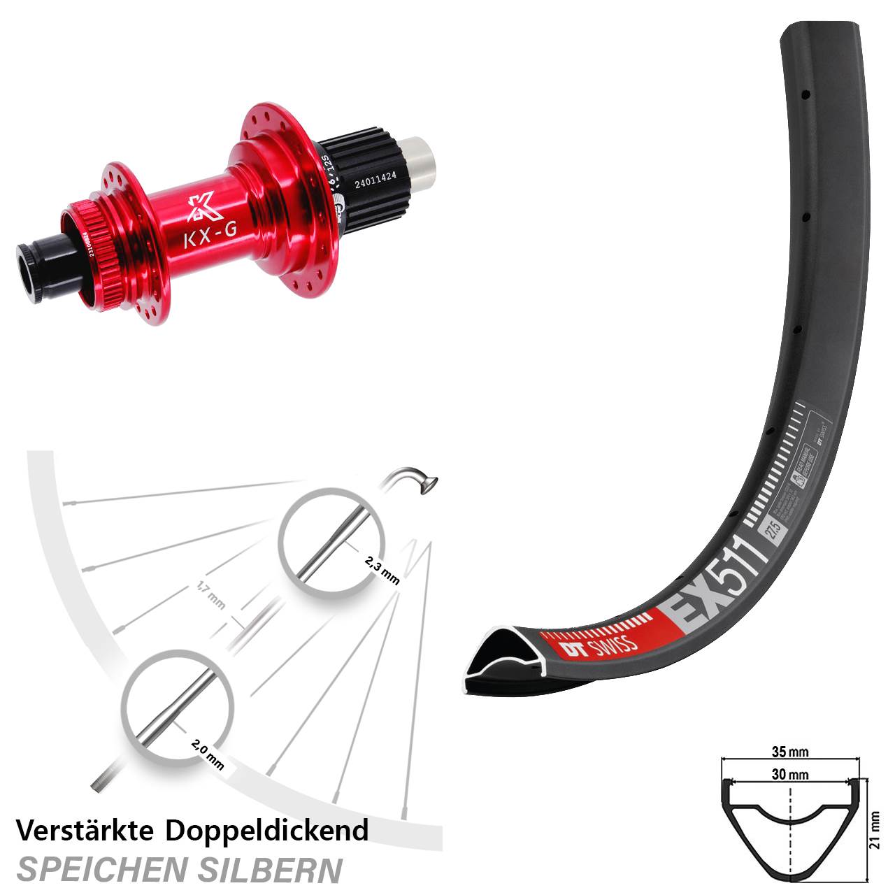 Hinterrad Centerlock 29 Zoll DT Swiss EX 511 KX-G rot Micro Spline 12x142