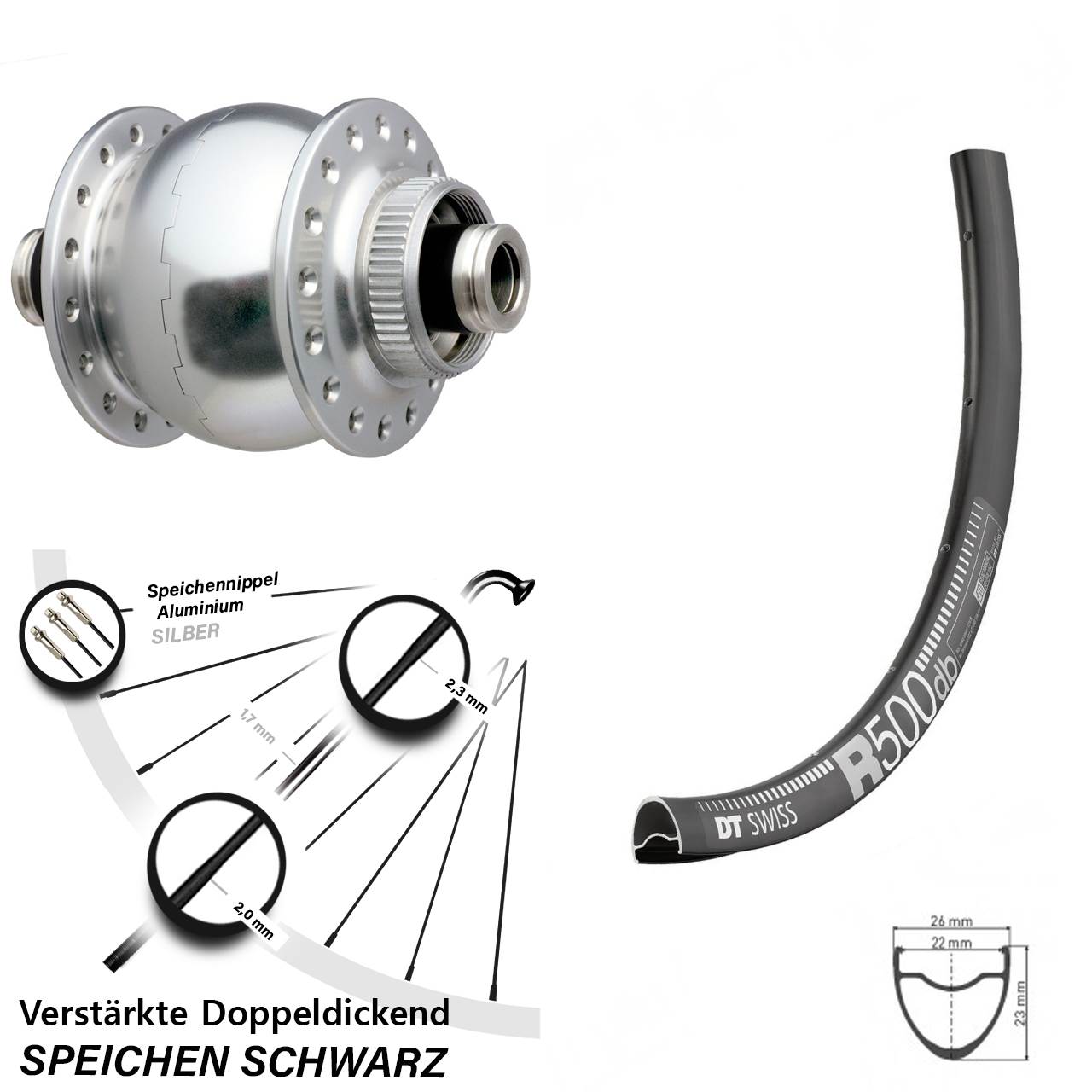 verstärktes Nabendynamolaufrad SON 28 DT Swiss R 500 28-29 Zoll für 12x100 mm