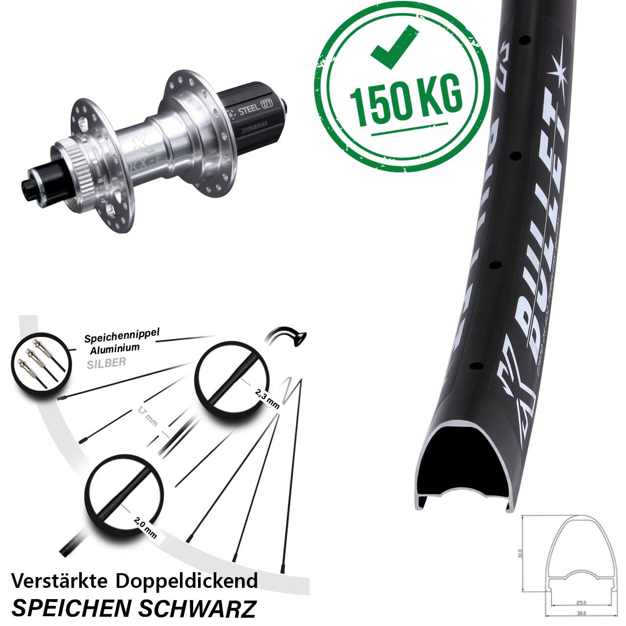 Hinterrad Centerlock für Schnellspanner 28-29 Zoll KX-E Bullet verstärkt 8-12 fach HG
