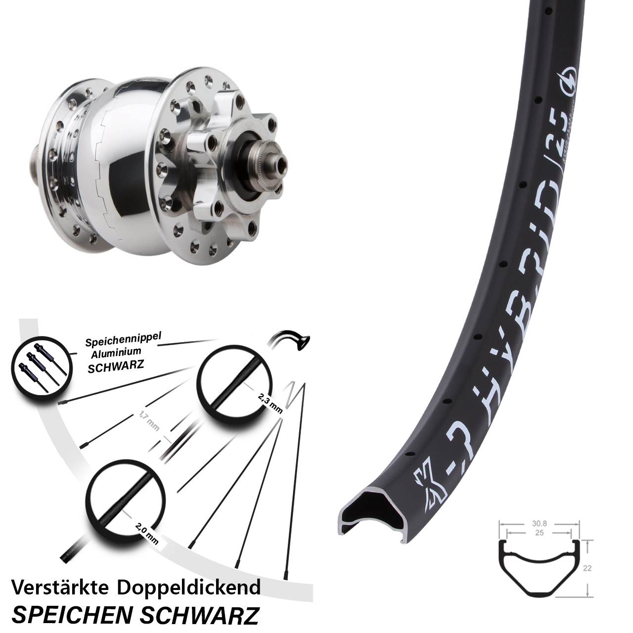 Disc Laufrad mit Nabendynamo 26 Zoll KX-R Hybrid 25 SON 28 für Schnellspanner