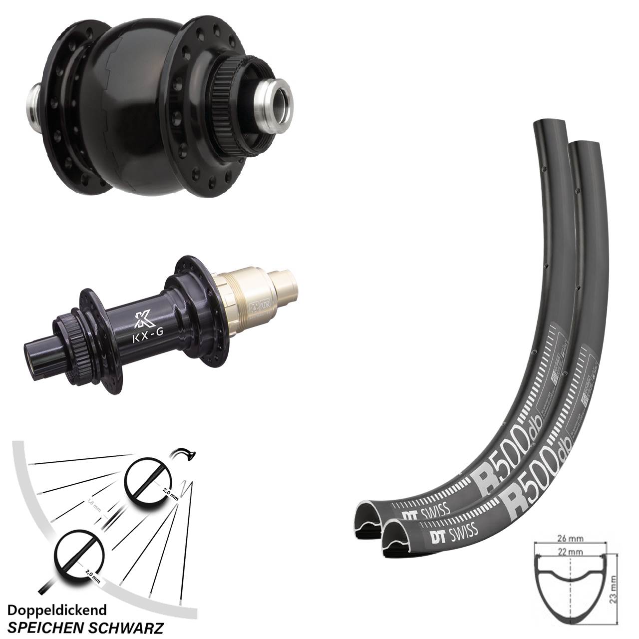 Laufradsatz DT Swiss R 500 Road Disc KX-G Steckachse Sram XDR Dynamo SON delux