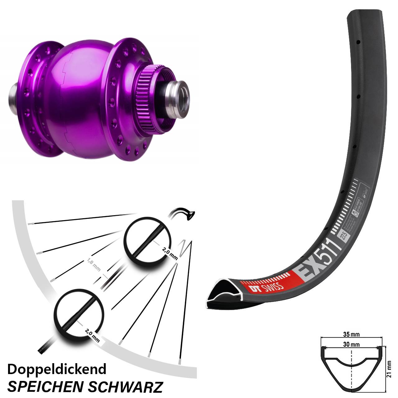 SON 28 violett DT Swiss EX 511 29 Zoll Nabendynamovorderrad Centerlock 12x100