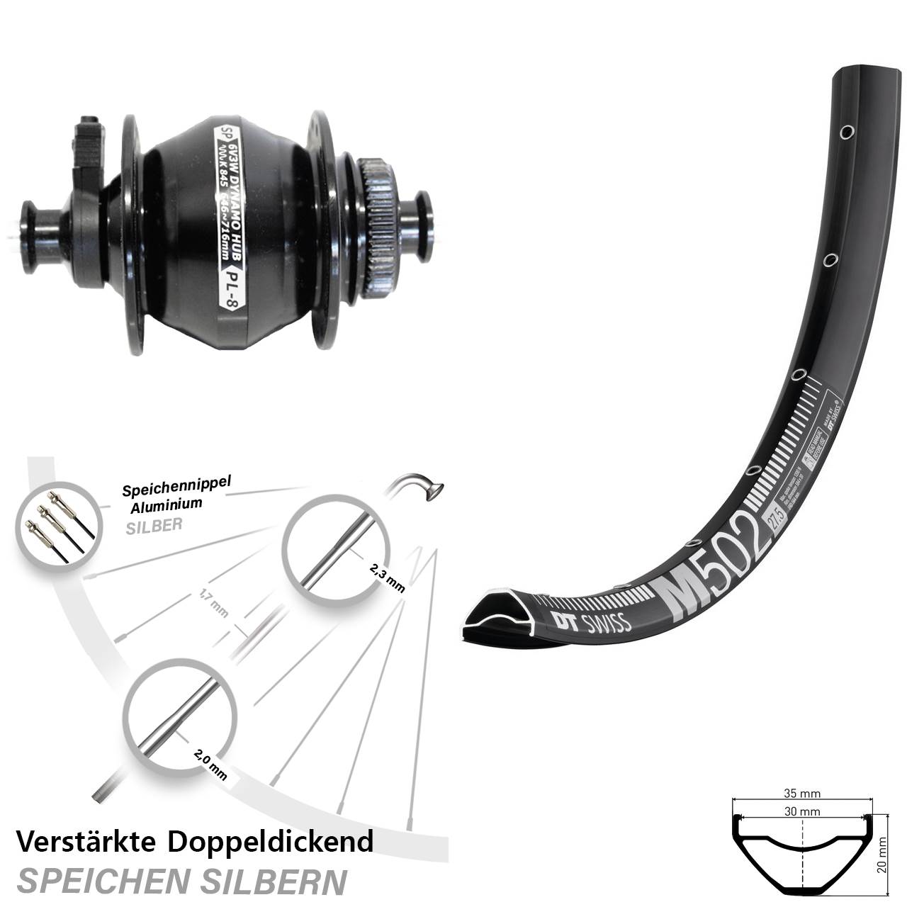 Disc Nabendynamo-Laufrad 29 Zoll DT Swiss M502 Shutter PL-8 QR