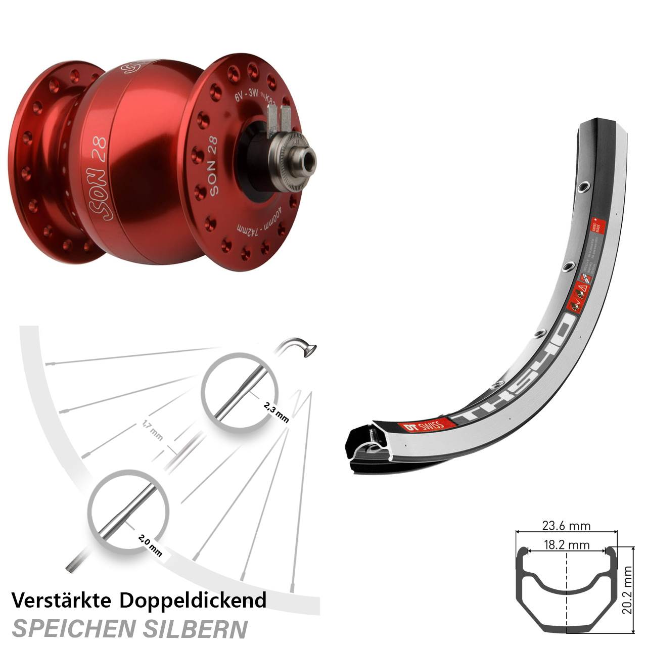 DT Swiss TK540 SON 28 Zoll rot Dynamo-Vorderrad für Schnellspanner
