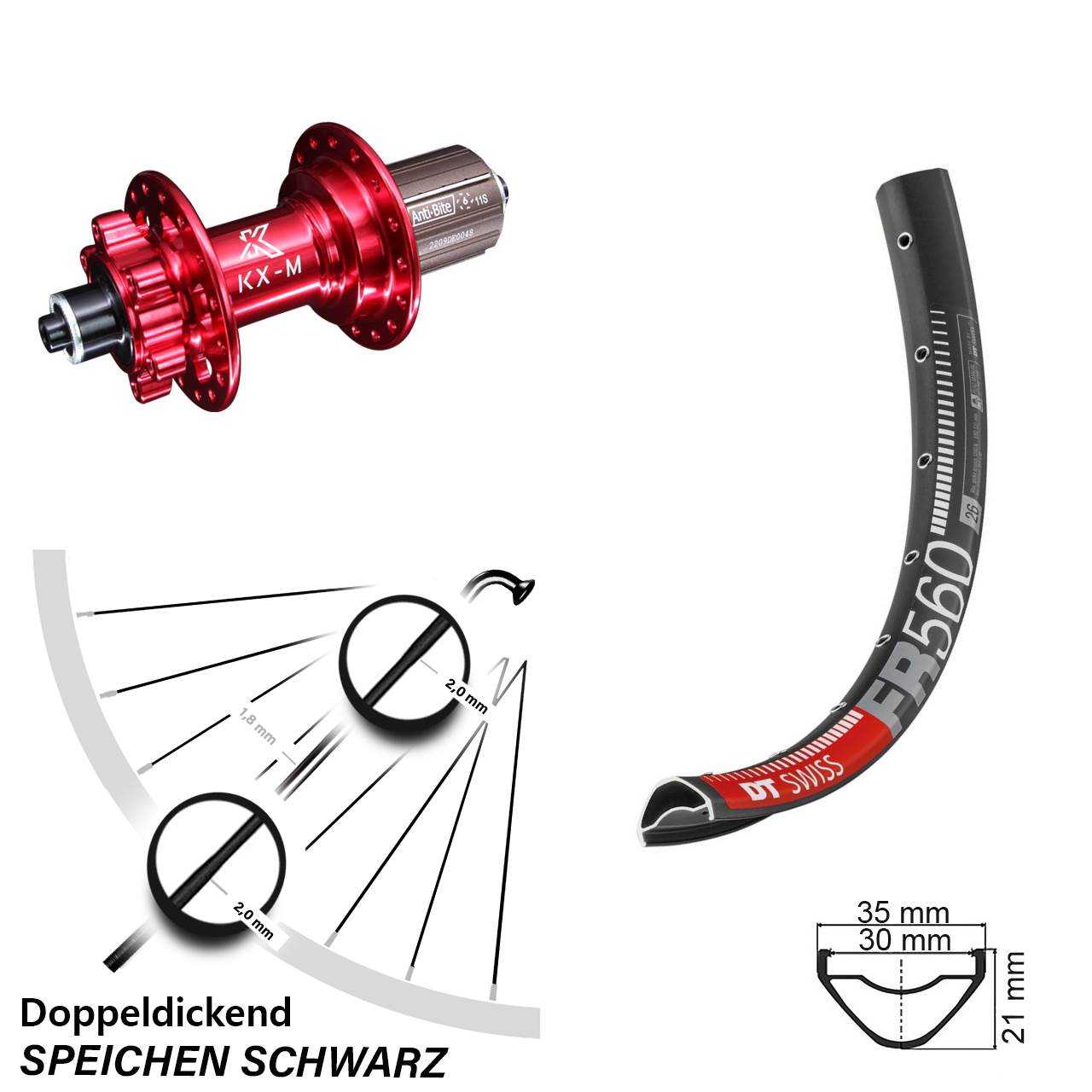 Disc Laufrad 26 Zoll DT Swiss FR560 KX-M rot 8-12 fach HG für Schnellspanner